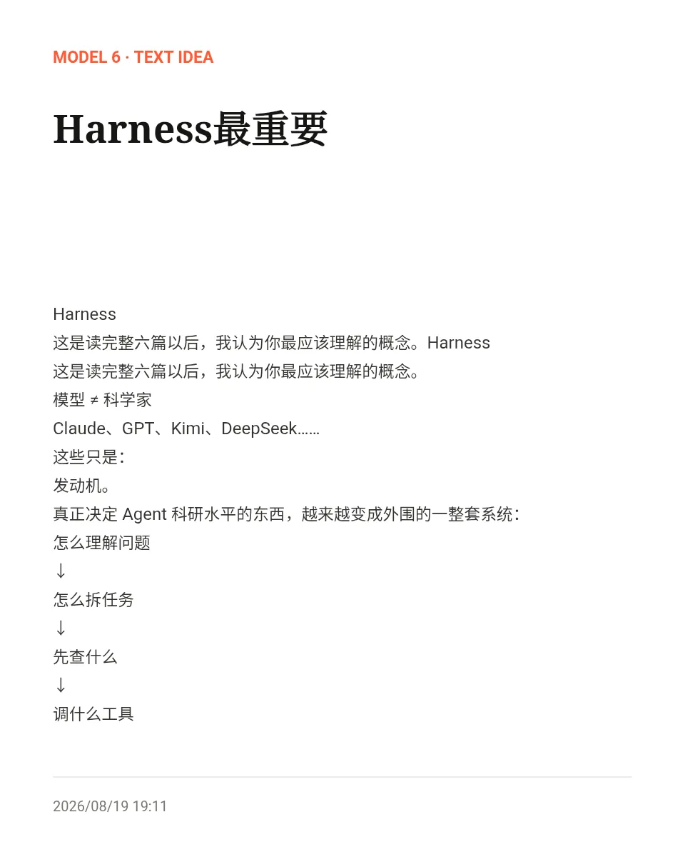 「Harness最重要」：Harness 这是读完整六篇以后，我认为你最应该理解的概念。Harness 这是读完整六篇以后，我认为你最应该理解的概念。 模型 ≠ 科学家 Claude、GPT、Kimi、De…